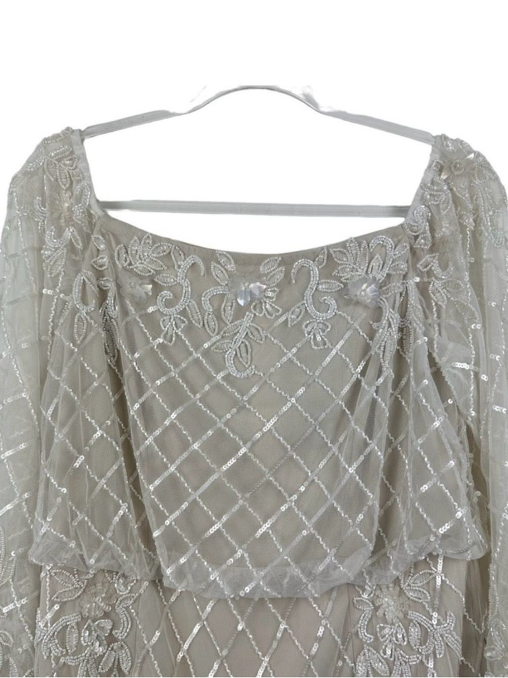 Adrianna Papell Cream Off Shoulder Sequined Shoulder Dress